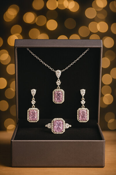 Kuvars Pembe Taşlı Gümüş Takı Seti (Kolye, Küpe, Yüzük)