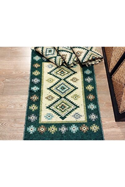 OEM Set of 4 traditional woven rugs, reversible, 60 x 90 cm, Green, ROMB pattern