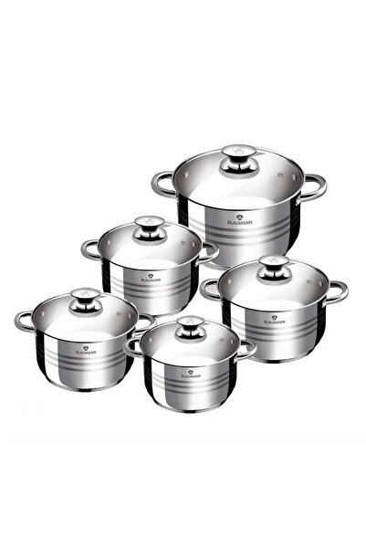 Blaumann Set of 10 Deep Stainless Steel Pots, Capacities 11L–4L, Premium Stainless Steel, 3‑Layer Base, T