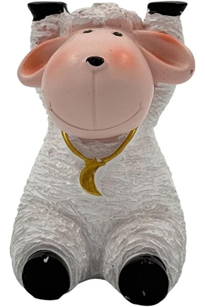 B&D BandDtools Decorative Polyresin Sheep Statue with Gold Necklace, White and Pink, Farmhouse Home Deco