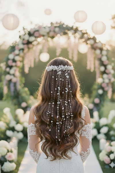 Hayalperest boncuk Sparkling Pearl & Crystal Detailed Long Pendant Bridal Hair Accessory – Elegant Wedding and Ceremony Tiara