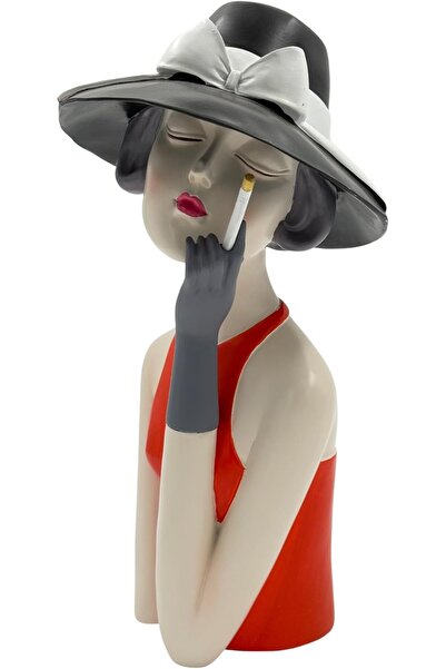 B&D Vintage Lady Statue with Hat and Cigarette - Retro Woman in Red Dress