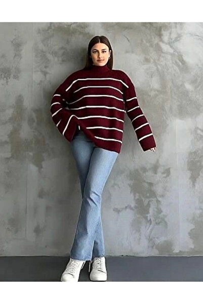 Zerenyus Striped Spanish Sleeve Knitwear High Neck Sweater Brown