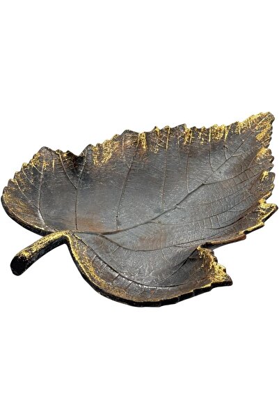 B&D Decorative Vintage Leaf-Shaped Tray, Dark Gray with Gold Accents, Rustic Design, Decorative Catc