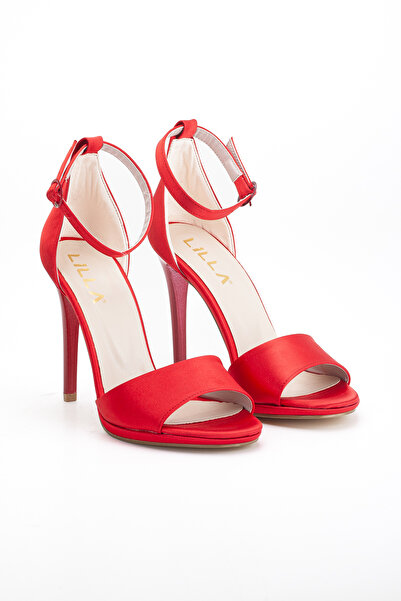 LİLLA Women's High Thin Heeled Red Satin Evening Dress Shoes