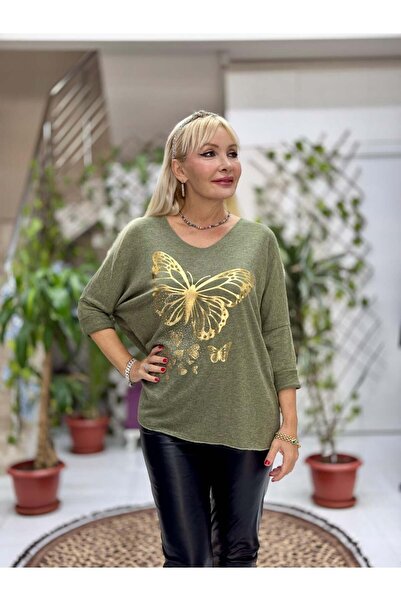 Punta Otantik Yg59100 Italian Stone and Butterfly B Printed Knitwear Blouse Khaki