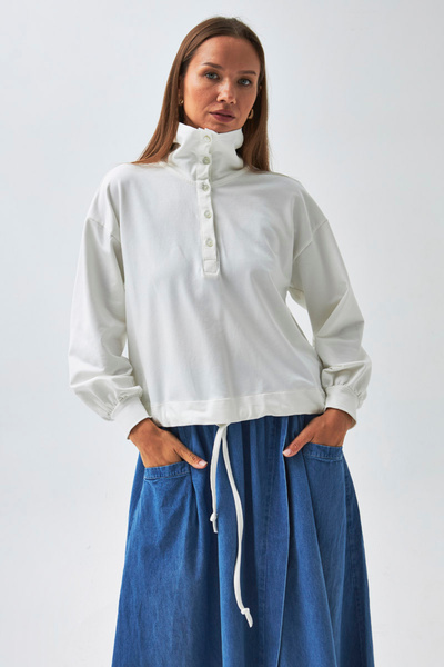 ZÜLAYS Yarım Düğmeli Sweatshirt Ekru