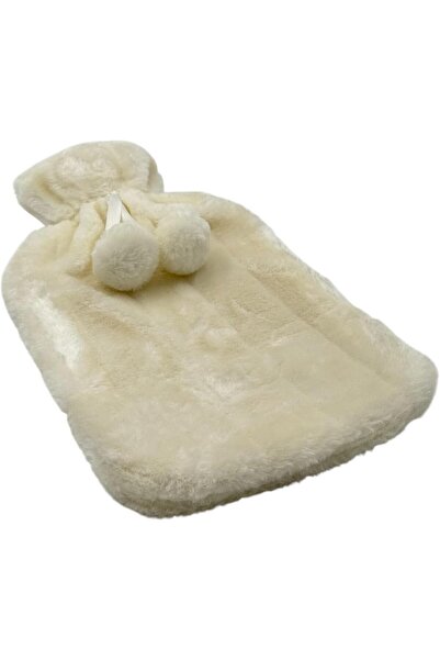 B&D زجاجة ماء ساخن مخملية، سعة 2 لتر، غطاء من الفرو الصناعي الأبيض مع كرات صوفية