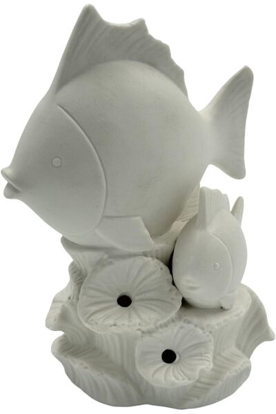 B&D Fish Decor LED Light, White Ceramic Fish Sculpture, Decorative Coral Base, Indoor Aquatic Theme
