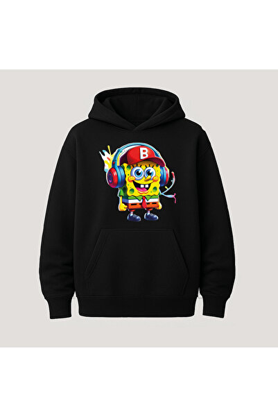 SVART WEAR سويت شيرت هوديي بأكمام طويلة من القطن مطبوع عليه سبونج بوب مع جيب ...