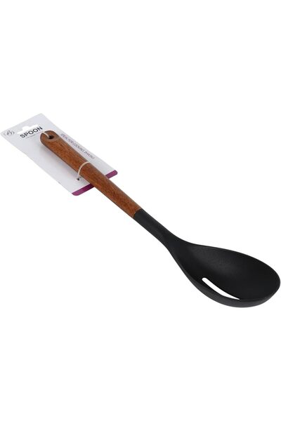 B&D Wooden Kitchen Spoon with Black Silicone Head, Long Handle Cooking Utensil