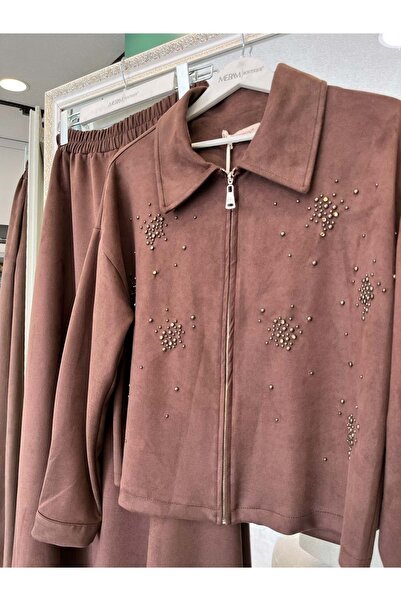 MRM MERAM BUTİK Shoulder Pad Tex Suede Skirt Suit with Stone - Brown - 42