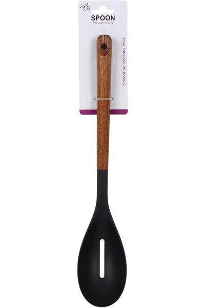 B&D Wooden Kitchen Spoon with Black Silicone Head, Long Handle Cooking Utensil