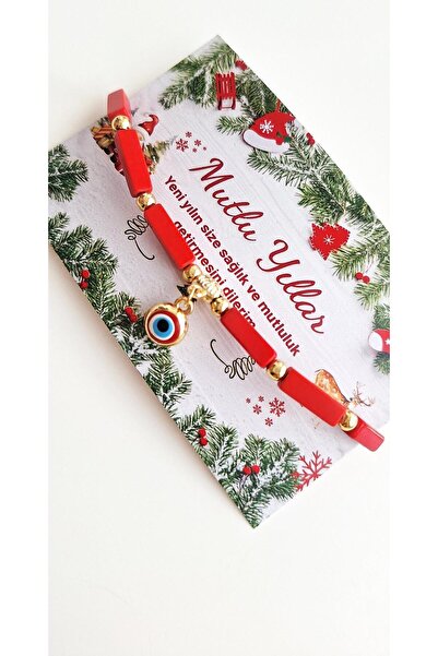 Svc Aksesuar New Year Gift Card Red Bracelet with Evil Eye Beads