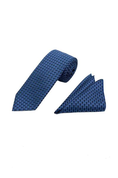 Brianze 7 cm Blue Black Patterned Tie and Handkerchief Set