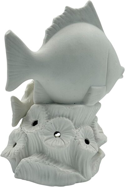 B&D Fish Decor LED Light, White Ceramic Fish Sculpture, Decorative Coral Base, Indoor Aquatic Theme