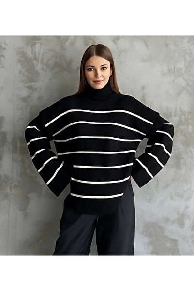 Zerenyus Striped Spanish Sleeve Knitwear High Neck Sweater Black
