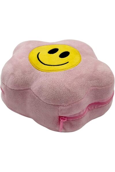 B&D banddtools 2-in-1 Velvet Travel Pillow and Eye Mask, Pink Smiley Face, Adjustable Head Support with