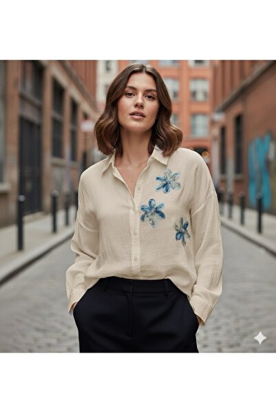 Meşe Moda Floral Embroidered Relax Fit Linen Shirt