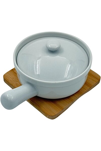 B&D ceramic cooking pot with lid and handle, round light gray pan with bamboo base