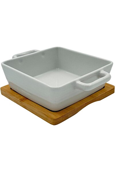 B&D Square Ceramic Baking Dish with Bamboo Base - White Porcelain Casserole with Handles