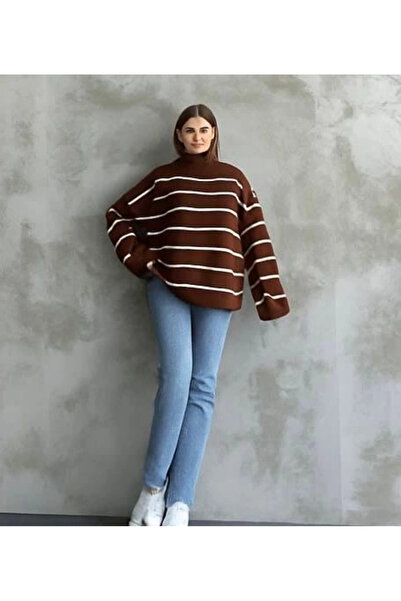 Zerenyus Striped Spanish Sleeve Knitwear High Neck Sweater Brown