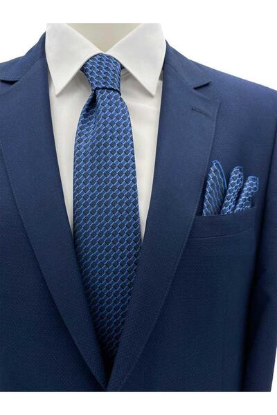 Brianze 7 cm Blue Black Patterned Tie and Handkerchief Set