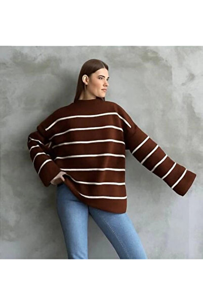 Zerenyus Striped Spanish Sleeve Knitwear High Neck Sweater Brown