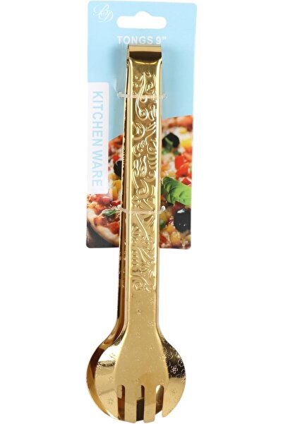 B&D Decorative Gold Kitchen Tongs, 9 Inch, Floral Embossed Pattern, Stainless Steel Serving Utensil