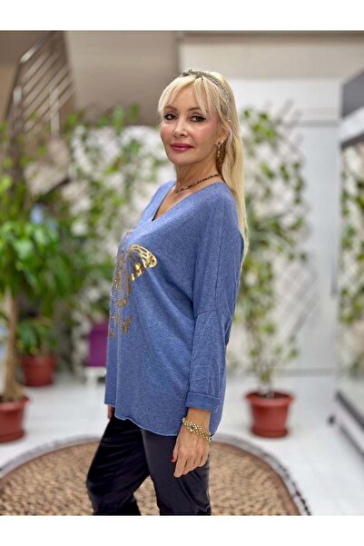 Punta Otantik Yg59100 Italian Stone and Butterfly B Printed Knitwear Blouse Blue