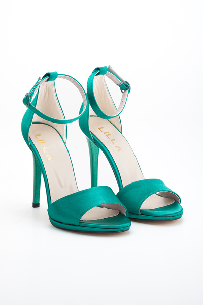 LİLLA Women's High Thin Heeled Green Satin Evening Dress Shoes