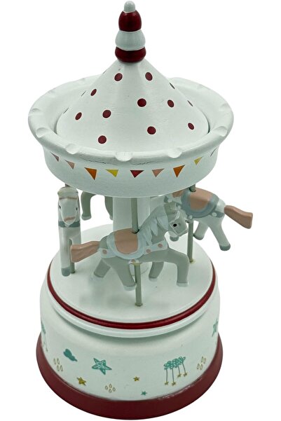 B&D CAROUSEL Musical Rotating Carousel Music Box, White with Red Accents, Wind-Up