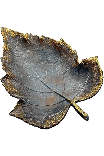 B&D Decorative Vintage Leaf-Shaped Tray, Dark Gray with Gold Accents, Rustic Design, Decorative Catc