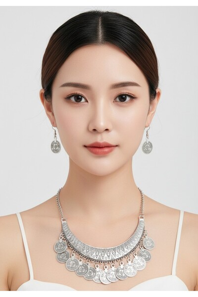 Cash Trade Otantik Bohem Takı Seti/ Vintage Taşlı Püskül Kolye-küpe Etnik Tar...