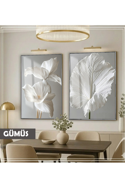 Harikabirev HARİKABİREV|SOFT| BEYAZ-MAVİ RENK ÇİÇEK YAPRAK KOMBİNİ |ÇERÇEVELİ CAM TABLO 2Lİ DİKEY