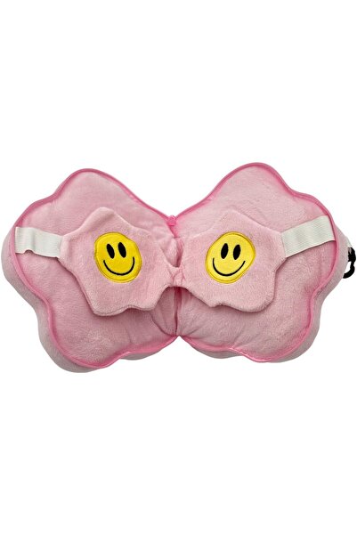 B&D banddtools 2-in-1 Velvet Travel Pillow and Eye Mask, Pink Smiley Face, Adjustable Head Support with