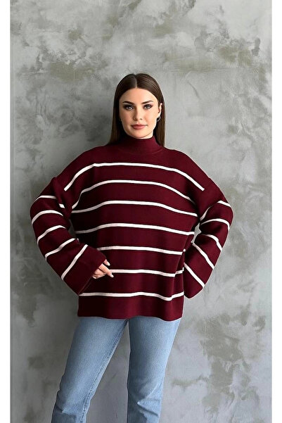 Zerenyus Striped Spanish Sleeve Knitwear High Neck Sweater Burgundy