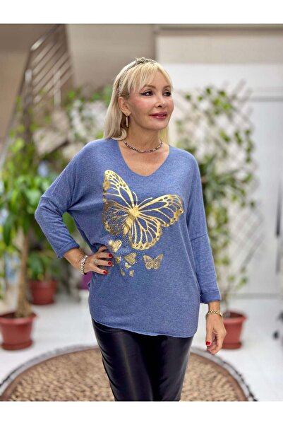Punta Otantik Yg59100 Italian Stone and Butterfly B Printed Knitwear Blouse Blue