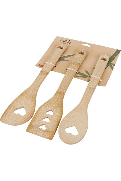 B&D 3-Piece Bamboo Kitchen Utensils Set, Heart-Shaped Design, 30cm Length, Natural Wood Cooking Spoo