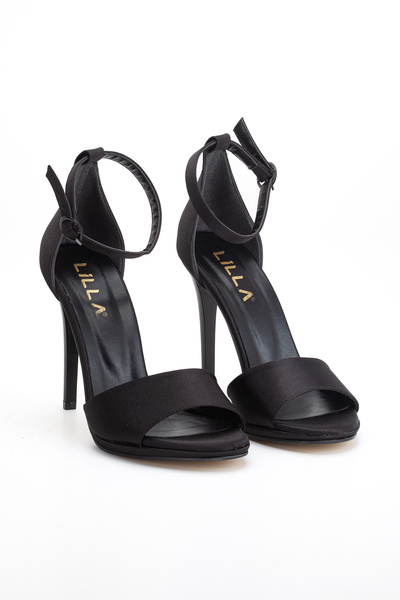 LİLLA Women's High Thin Heeled Black Satin Evening Dress Shoes