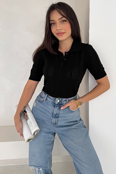 FEMELLE Women's Black Lace-Like Knit Polo Neck Slim Knitwear Blouse Short Sleeve Standard Size