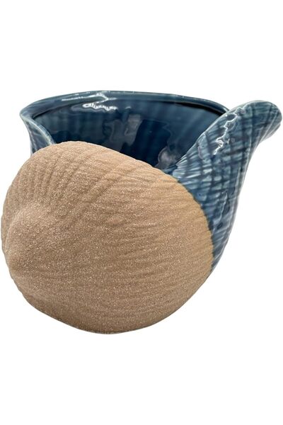 B&D مزهرية خزفية مزخرفة على شكل صدفة، باللونين الأزرق الداكن والبيج، بنقشة أمواج منسوجة، ديكور منزلي ساحلي