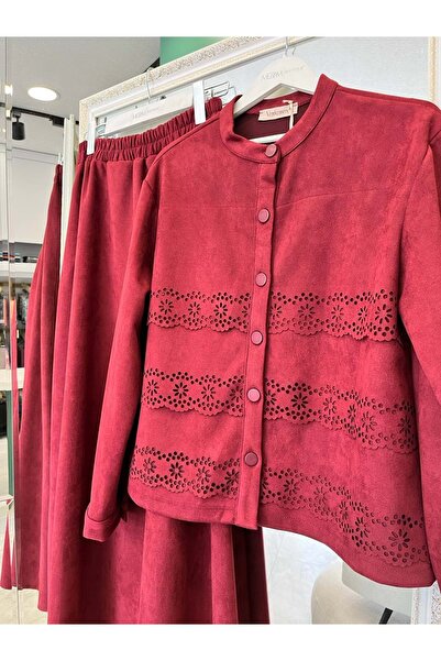 MRM MERAM BUTİK Shoulder Pad Tex Suede Skirt Suit Laser Cut - Bordo - 42