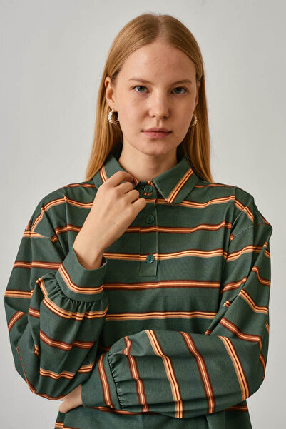 ZÜLAYS Çizgi Baskılı Sweatshirt Koyu Yeşil