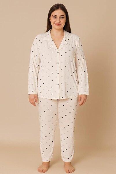 Pemilo Women's 20702 plus size buttoned pajama set ecru