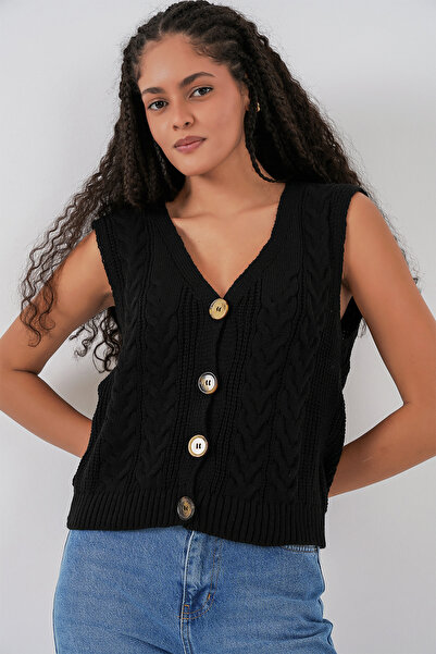 Merterium Women's Buttoned Short Knit Vest Black 1307