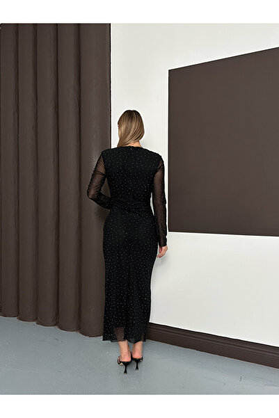 cottonage Draped Long Sleeve Rhinestone Tulle Dress