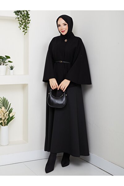 MODA ESRE FASHION Black Belted Overcoat in Houndstooth Fabric with a High Collar