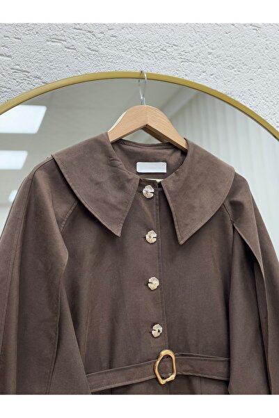 MİHRA STORE Cameron Collar Detailed Gold Buttoned Cape Jacket-Çi̇926 Brown