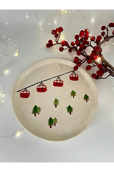 Löv Ceramic Yılbaşı Konseptli Kırmızı Beyaz Kış Temalı Servis Tabağı